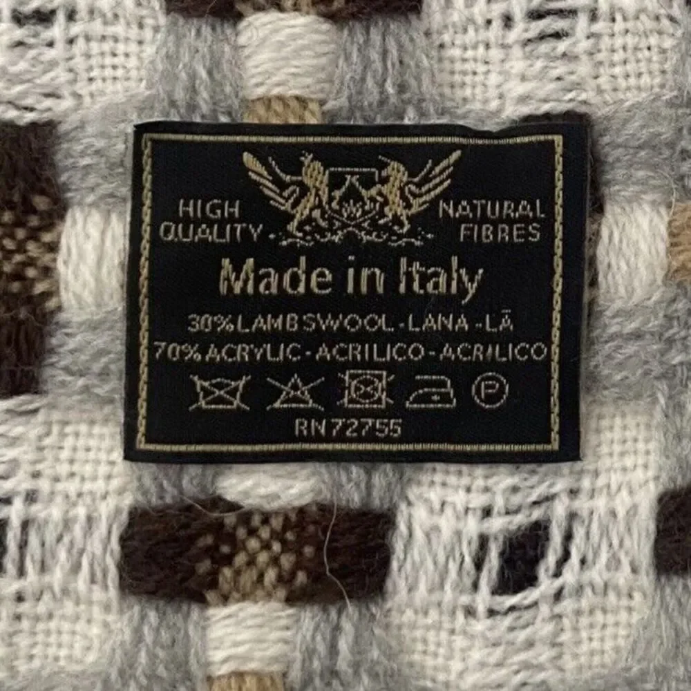 Women's Scarf Shawl Wrap 30% Wool Made in Italy Woven Brown Grey Fringe 68 x 10